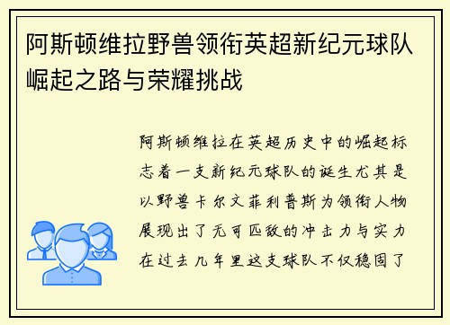 阿斯顿维拉野兽领衔英超新纪元球队崛起之路与荣耀挑战